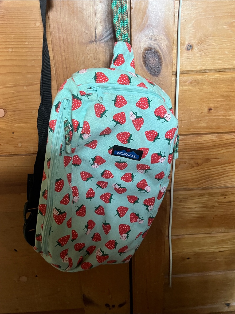Kavu Kids Mint Sling Bag with Red Strawberry Print